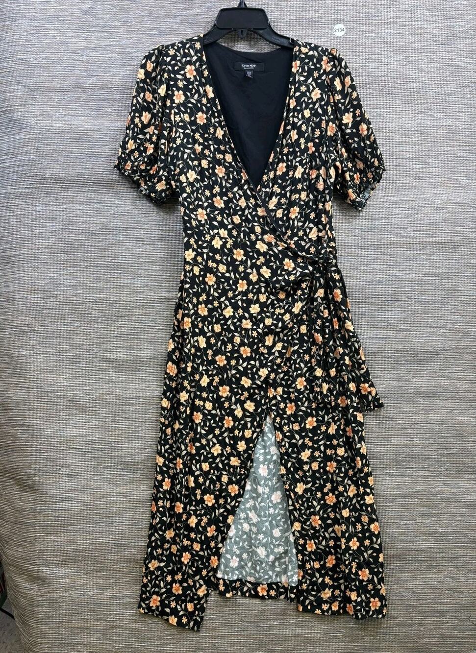 Ever New Dress Womens 8 Black Floral Wrap Midi Puff Sleeve Tie Waist V Neck